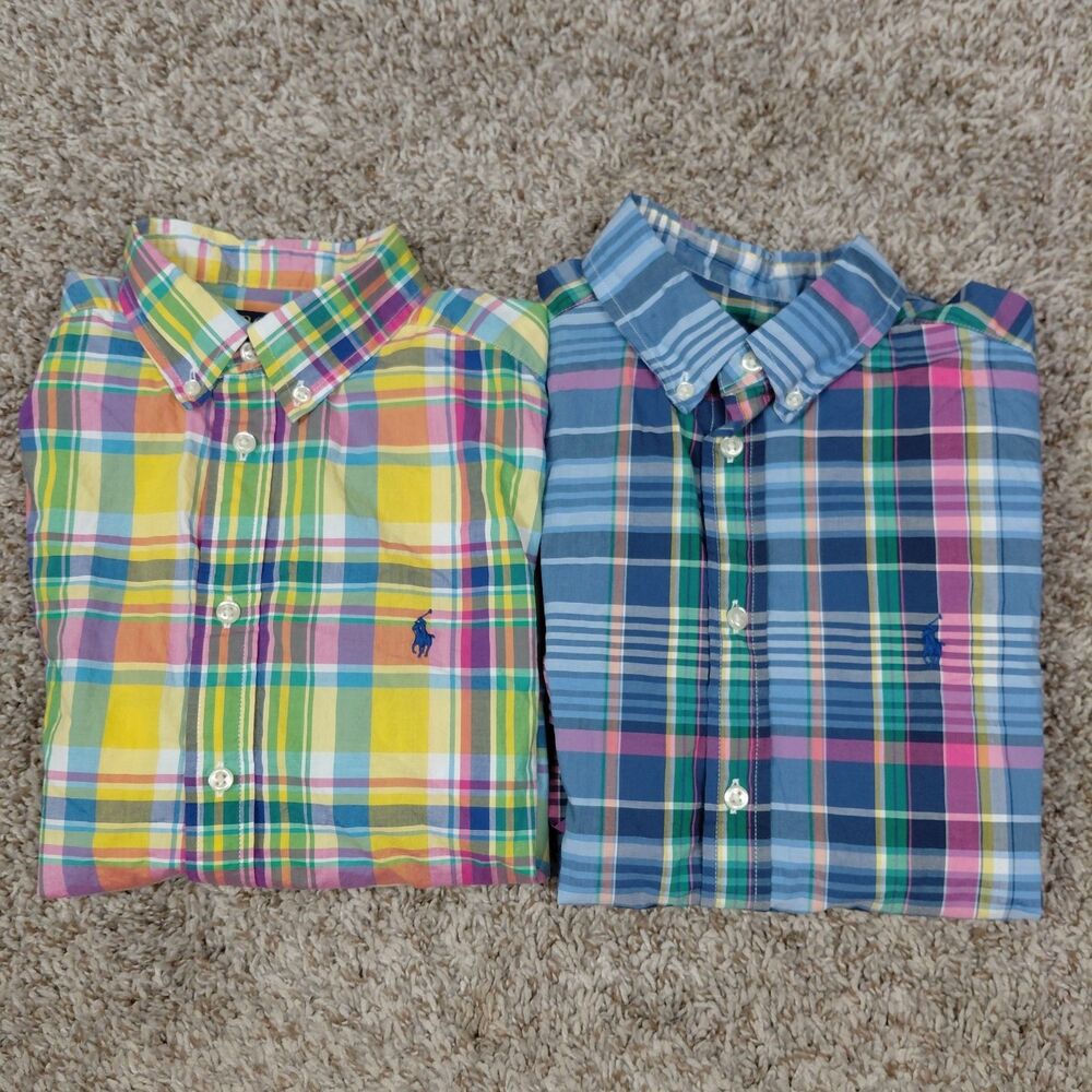 Lot Of 2 Polo Ralph Lauren Shirt Boys Large (14-16) Plaid Button Up Short Sleeve